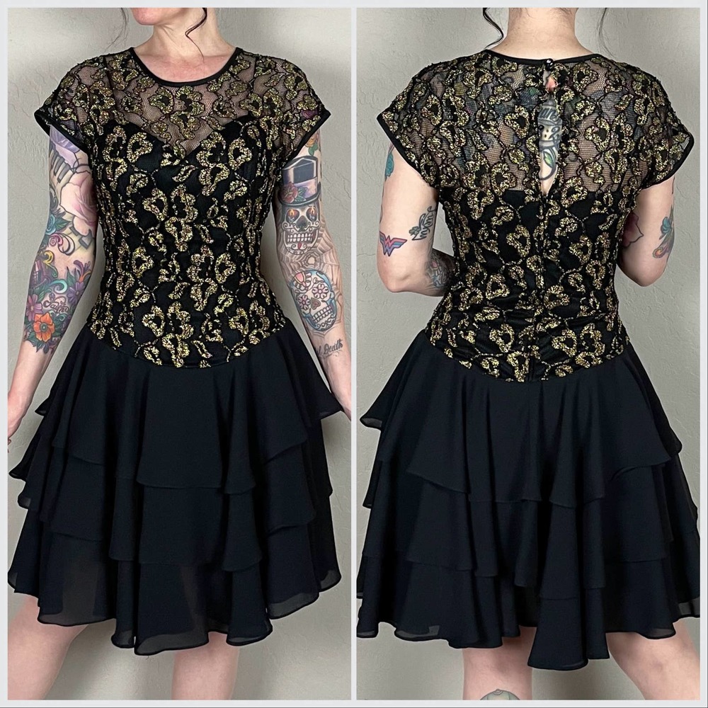 Vintage 1980s Lace Overlay Tiered Mini Dress - Picture 4 of 7